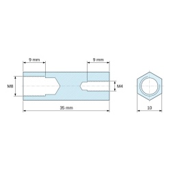 Disegno quotato 35 mm, Distanziatore esagonale filettato femmina/femmina ottone nichelato al piombo M8 / M4 - 10 mm apertura chiave