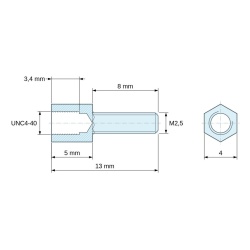 Disegno quotato 5 mm / 8 mm, Distanziatore esagonale filettato maschio/femmina ottone nichelato al piombo UNC4-40 / M2,5 - 4 mm apertura chiave