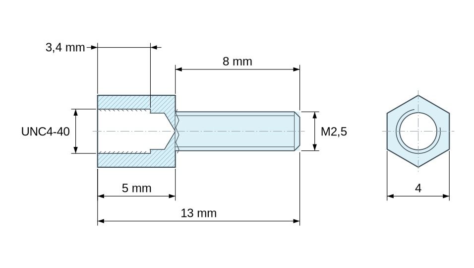 Disegno quotato Distanziatore esagonale filettato maschio/femmina ottone nichelato al piombo UNC4-40 / M2,5 - 4 mm apertura chiave