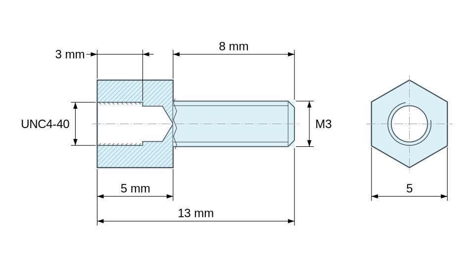 Disegno quotato Distanziatore esagonale filettato maschio/femmina ottone nichelato al piombo UNC4-40 / M3 - 5 mm apertura chiave