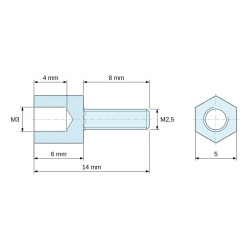 Disegno quotato 6 mm / 8 mm, Distanziatore esagonale filettato maschio/femmina plastica poliammide PA6.6 M3 / M2,5 - 5 mm apertura chiave