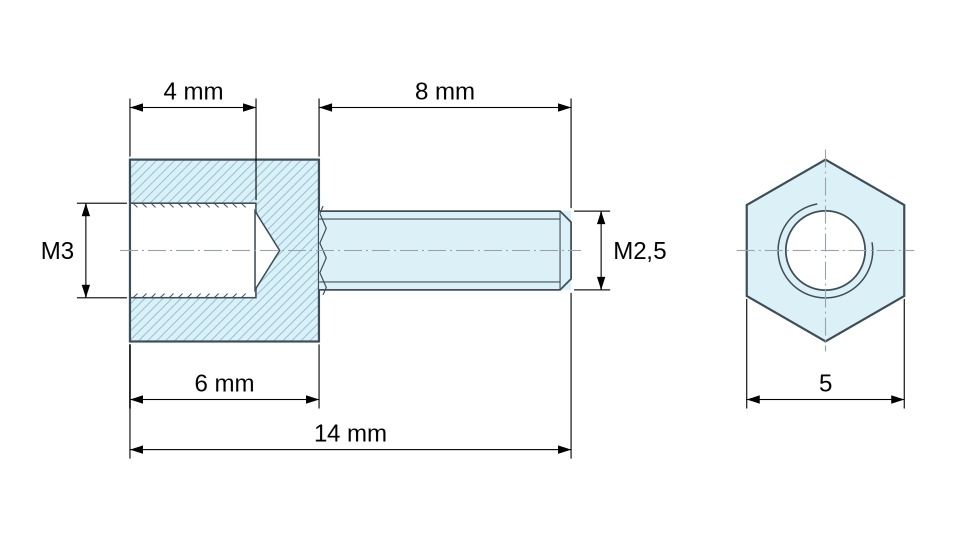 Disegno quotato Distanziatore esagonale filettato maschio/femmina plastica poliammide PA6.6 M3 / M2,5 - 5 mm apertura chiave