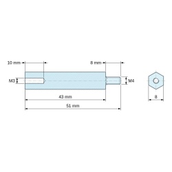 Disegno quotato 43 mm / 8 mm, Distanziatore esagonale filettato maschio/femmina plastica poliammide PA6.6 M3 / M4 - 8 mm apertura chiave
