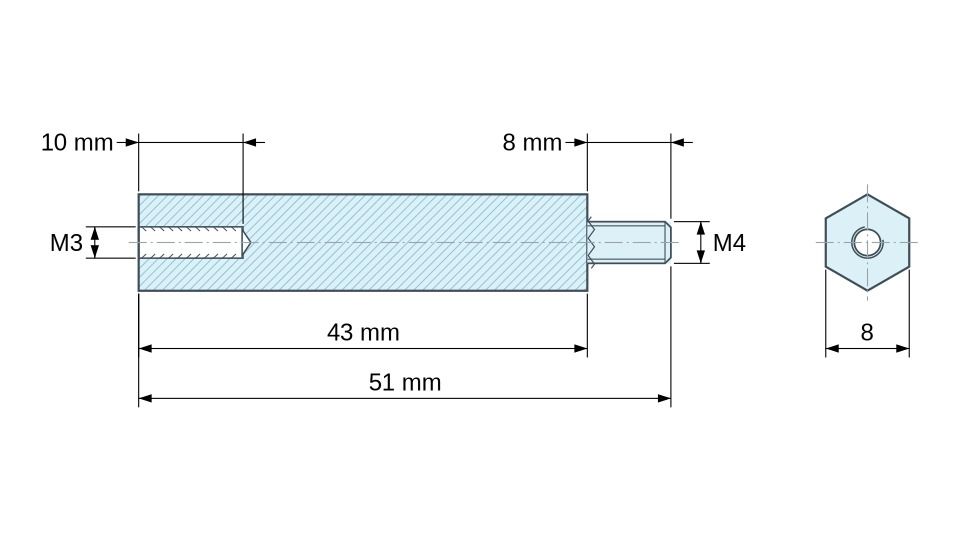 Disegno quotato Distanziatore esagonale filettato maschio/femmina plastica poliammide PA6.6 M3 / M4 - 8 mm apertura chiave