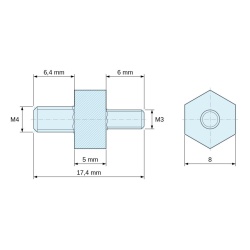Disegno quotato 5 mm / 6,4 mm, Distanziatore esagonale filettato maschio/maschio plastica poliammide PA6.6 M4 / M3 - 8 mm apertura chiave, gambi da 6,4 e 6 mm