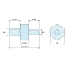 Disegno quotato 5 mm / 6,4 mm, Distanziatore esagonale filettato maschio/maschio plastica poliammide PA6.6 M4 / M3 - 8 mm apertura chiave, gambi da 6,4 e 6 mm