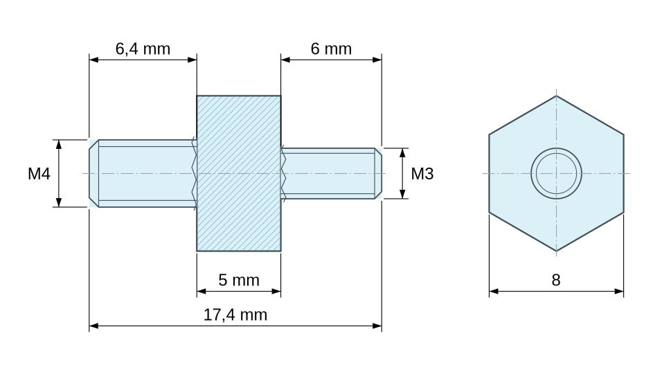 Disegno quotato Distanziatore esagonale filettato maschio/maschio plastica poliammide PA6.6 M4 / M3 - 8 mm apertura chiave, gambi da 6,4 e 6 mm