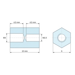 Disegno quotato 10 mm, Distanziatore esagonale filettato femmina/femmina plastica poliammide PA6 rinforzata con fibra di vetro M3 / M2,5 - 6 mm apertur