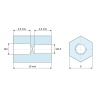 Disegno quotato 10 mm, Distanziatore esagonale filettato femmina/femmina plastica poliammide PA6 rinforzata con fibra di vetro M3 / M2,5 - 6 mm apertur