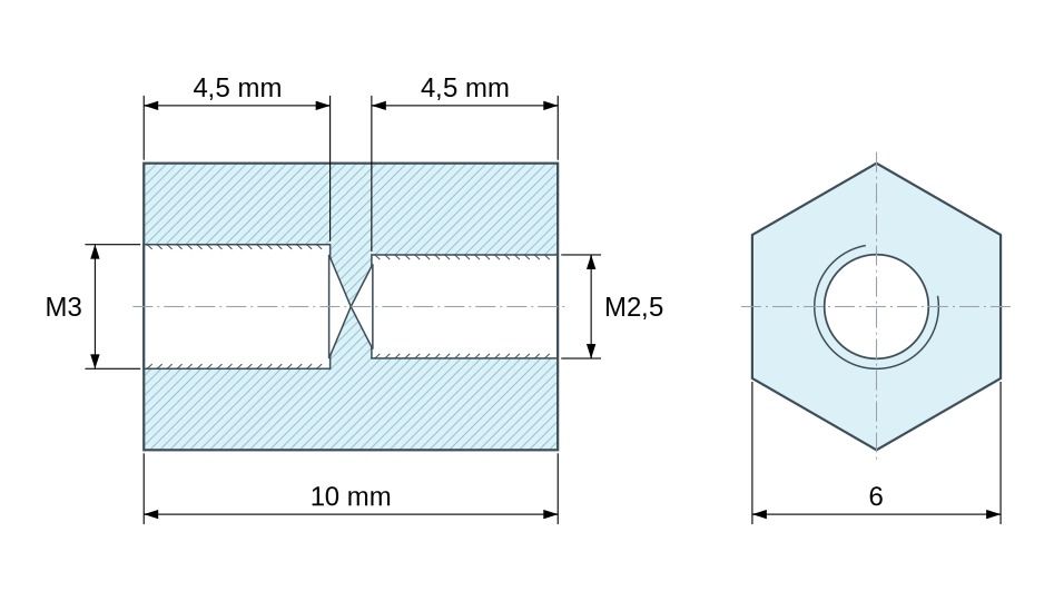 Disegno quotato Distanziatore esagonale filettato femmina/femmina plastica poliammide PA6 rinforzata con fibra di vetro M3 / M2,5 - 6 mm apertur Disegno quotato Distanziatore esagonale filettato femmina/femmina plastica poliammide PA6 rinforzata con fibra di vetro M3 / M2,5 - 6 mm apertur