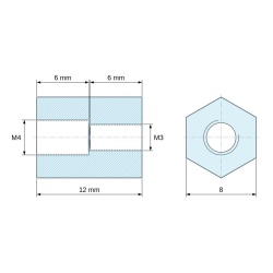 Disegno quotato 12 mm, Distanziatore esagonale filettato femmina/femmina plastica poliammide PA6 rinforzata con fibra di vetro M4 / M3 - 8 mm apertura 
