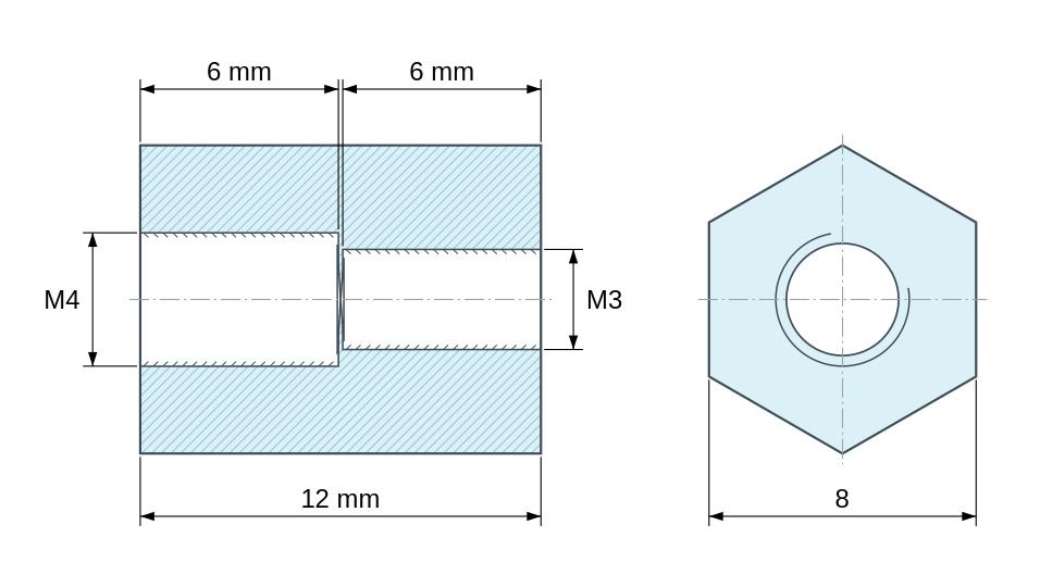 Disegno quotato Distanziatore esagonale filettato femmina/femmina plastica poliammide PA6 rinforzata con fibra di vetro M4 / M3 - 8 mm apertura