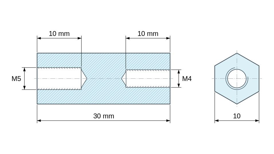 Disegno quotato Distanziatore esagonale filettato femmina/femmina plastica poliammide PA6 rinforzata con fibra di vetro M5 / M4 - 10 mm apertura Disegno quotato Distanziatore esagonale filettato femmina/femmina plastica poliammide PA6 rinforzata con fibra di vetro M5 / M4 - 10 mm apertura