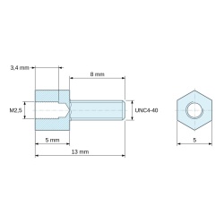 Disegno quotato 5 mm / 8 mm, Distanziatore esagonale filettato maschio/femmina acciaio zincato M2,5 / UNC4-40 - 5 mm apertura chiave
