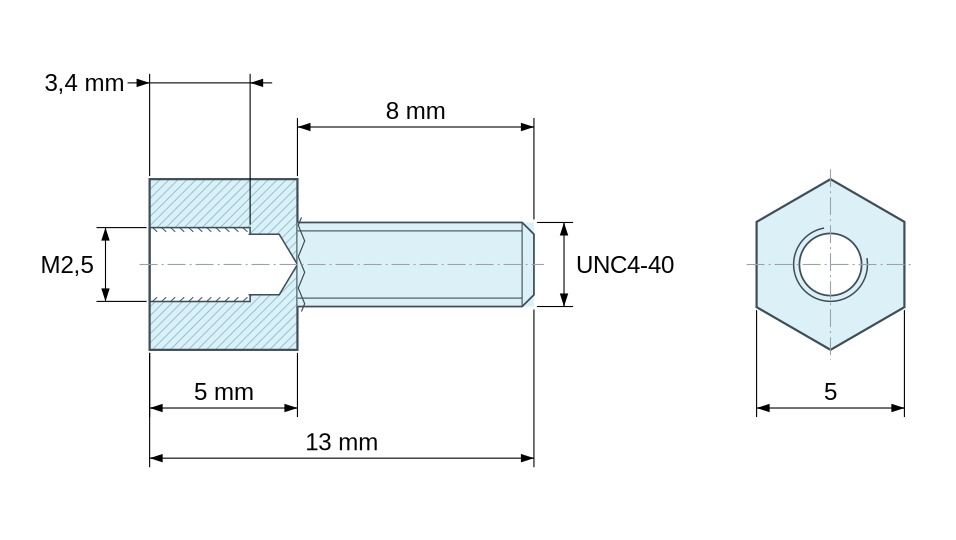 Disegno quotato Distanziatore esagonale filettato maschio/femmina acciaio zincato M2,5 / UNC4-40 - 5 mm apertura chiave