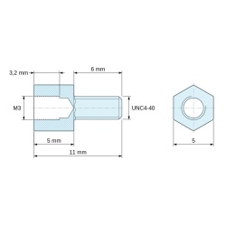 Disegno quotato 5 mm / 6 mm, Distanziatore esagonale filettato maschio/femmina acciaio zincato blu M3 / UNC4-40 - 5 mm apertura chiave