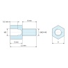 Disegno quotato 5 mm / 6 mm, Distanziatore esagonale filettato maschio/femmina acciaio zincato blu M3 / UNC4-40 - 5 mm apertura chiave