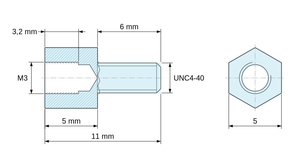 Disegno quotato Distanziatore esagonale filettato maschio/femmina acciaio zincato blu M3 / UNC4-40 - 5 mm apertura chiave