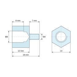 Disegno quotato 12 mm / 7 mm, Distanziatore esagonale filettato maschio/femmina acciaio zincato M8 / M4 - 13 mm apertura chiave