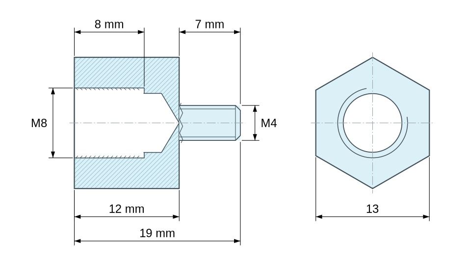 Disegno quotato Distanziatore esagonale filettato maschio/femmina acciaio zincato M8 / M4 - 13 mm apertura chiave Disegno quotato Distanziatore esagonale filettato maschio/femmina acciaio zincato M8 / M4 - 13 mm apertura chiave