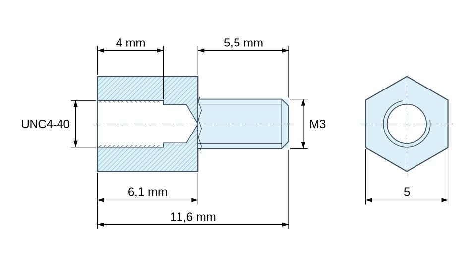Disegno quotato Distanziatore esagonale filettato maschio/femmina acciaio zincato blu UNC4-40 / M3 - 5 mm apertura chiave
