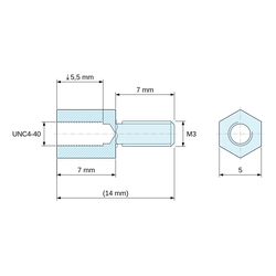 Disegno quotato 7 mm / 7 mm, Distanziatore esagonale filettato maschio/femmina acciaio zincato blu UNC4-40 / M3 - chiave da 5 mm