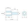 Disegno quotato 7 mm / 7 mm, Distanziatore esagonale filettato maschio/femmina acciaio zincato blu UNC4-40 / M3 - chiave da 5 mm