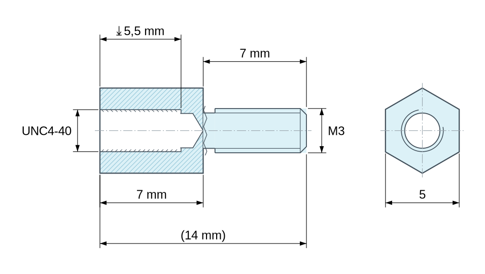 Disegno quotato Distanziatore esagonale filettato maschio/femmina acciaio zincato blu UNC4-40 / M3 - chiave da 5 mm
