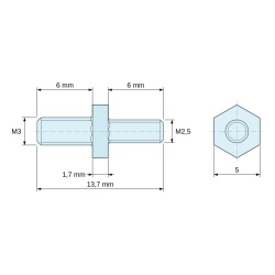 Disegno quotato 1,7 mm / 6 mm, Distanziatore esagonale filettato maschio/maschio acciaio zincato blu M3 / M2,5 - 5 mm apertura chiave