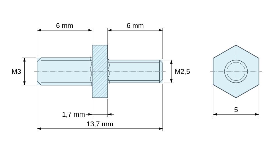 Disegno quotato Distanziatore esagonale filettato maschio/maschio acciaio zincato blu M3 / M2,5 - 5 mm apertura chiave