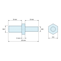 Disegno quotato 2 mm / 8 mm, Distanziatore esagonale filettato maschio/maschio acciaio zincato blu M4 / M3 - 5,5 mm apertura chiave