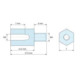 Disegno quotato 11,5 mm / 6 mm, Distanziatore esagonale filettato maschio/femmina acciaio zincato giallo M3 / M4 - 7 mm apertura chiave