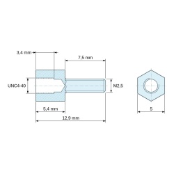 Disegno quotato 5,4 mm / 7,5 mm, Distanziatore esagonale filettato maschio/femmina acciaio zincato giallo UNC4-40 / M2,5 - 5 mm apertura chiave