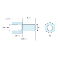 Disegno quotato 4,8 mm / 6 mm, Distanziatore esagonale filettato maschio/femmina acciaio zincato giallo UNC4-40 / M3 - 4,5 mm apertura chiave