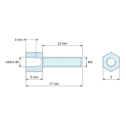 Disegno quotato 5 mm / 12 mm, Distanziatore esagonale filettato maschio/femmina acciaio zincato giallo UNC4-40 / M3 - 5 mm apertura chiave