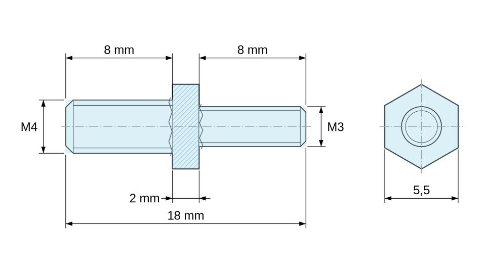 Disegno quotato Distanziatore esagonale filettato maschio/maschio acciaio zincato giallo M4 / M3 - 5,5 mm apertura chiave