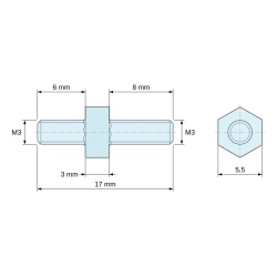 Disegno quotato 3 mm / 6 / 8 mm, Distanziatore esagonale filettato maschio/maschio acciaio inox M3 - 5,5 mm apertura chiave, gambi da 6 e 8 mm