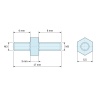 Disegno quotato 3 mm / 6 / 8 mm, Distanziatore esagonale filettato maschio/maschio acciaio inox M3 - 5,5 mm apertura chiave, gambi da 6 e 8 mm