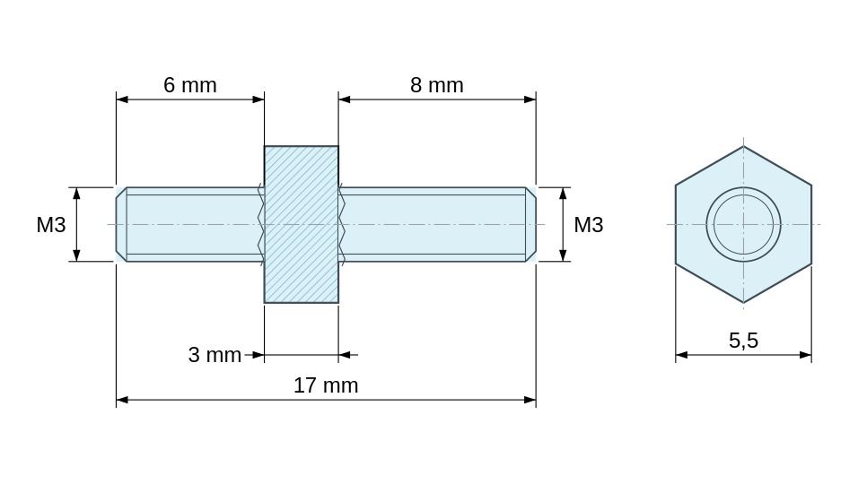 Disegno quotato Distanziatore esagonale filettato maschio/maschio acciaio inox M3 - 5,5 mm apertura chiave, gambi da 6 e 8 mm