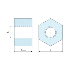 Disegno quotato 3 mm, Distanziatore esagonale filettato femmina/femmina ottone nichelato senza piombo M2 - 4 mm apertura chiave