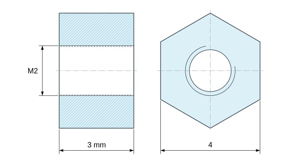 Disegno quotato Distanziatore esagonale filettato femmina/femmina ottone nichelato senza piombo M2 - 4 mm apertura chiave