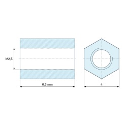 Disegno quotato 6,3 mm, Distanziatore esagonale filettato femmina/femmina ottone nichelato senza piombo M2,5 - 4 mm apertura chiave