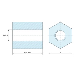 Disegno quotato 6,5 mm, Distanziatore esagonale filettato femmina/femmina ottone nichelato senza piombo M2,5 - 5 mm apertura chiave