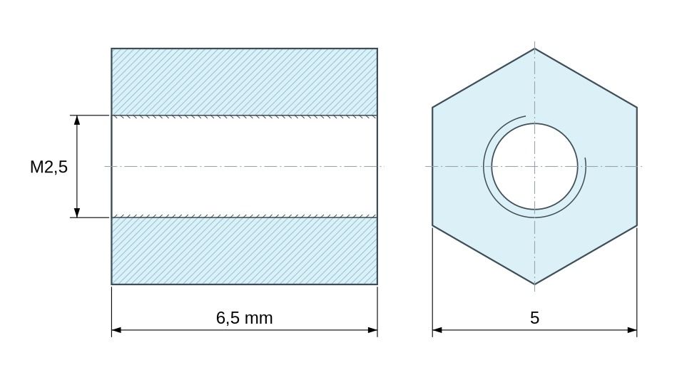 Disegno quotato Distanziatore esagonale filettato femmina/femmina ottone nichelato senza piombo M2,5 - 5 mm apertura chiave Disegno quotato Distanziatore esagonale filettato femmina/femmina ottone nichelato senza piombo M2,5 - 5 mm apertura chiave