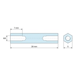 Disegno quotato 28 mm, Distanziatore esagonale filettato femmina/femmina ottone nichelato senza piombo M3 - 5 mm apertura chiave