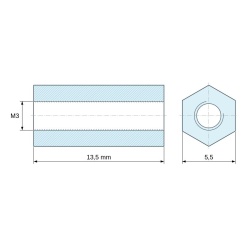 Disegno quotato 13,5 mm, Distanziatore esagonale filettato femmina/femmina ottone nichelato senza piombo M3 - 5,5 mm apertura chiave