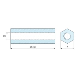 Disegno quotato 24 mm, Distanziatore esagonale filettato femmina/femmina ottone nichelato senza piombo M4 - 7 mm apertura chiave