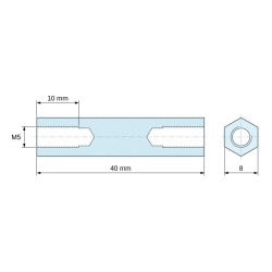 Disegno quotato 40 mm, Distanziatore esagonale filettato femmina/femmina ottone nichelato senza piombo M5 - 8 mm apertura chiave