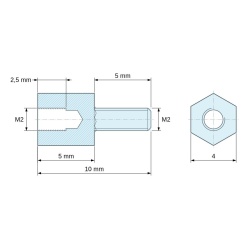 Disegno quotato 5 mm / 5 mm, Distanziatore esagonale filettato maschio/femmina ottone nichelato senza piombo M2 - 4 mm apertura chiave
