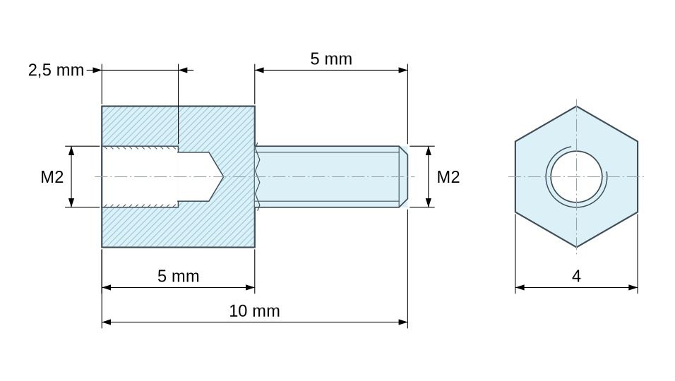 Disegno quotato Distanziatore esagonale filettato maschio/femmina ottone nichelato senza piombo M2 - 4 mm apertura chiave